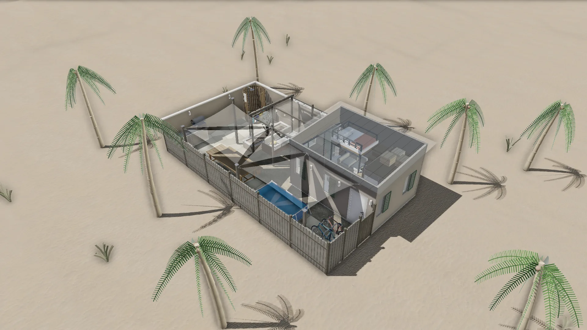 Daylight render of the plot from above: the unit under a faded roof, the courtyard, pool and pergola
